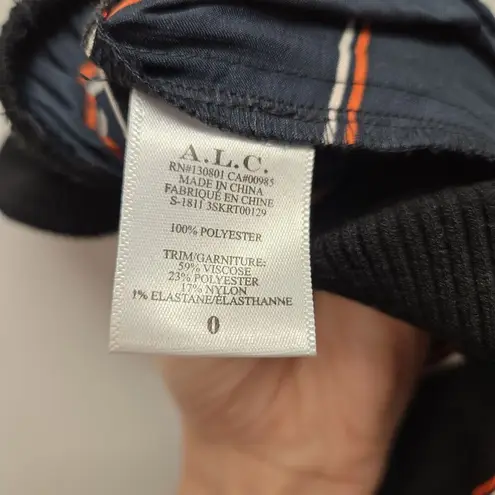 ALC Frank A.L.C. Henry Midi Skirt sz 0 Striped Satin Pleated Navy Elastic Waist RSP $495