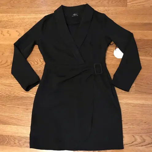 Tuxedo Lapel Faux Wrap Dress in black size M Size M