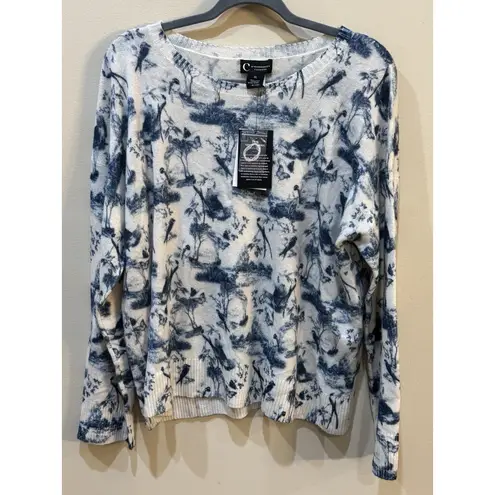 C by Bloomingdale's Cashmere Toile Crewneck Sweater Blue Cream Size XL