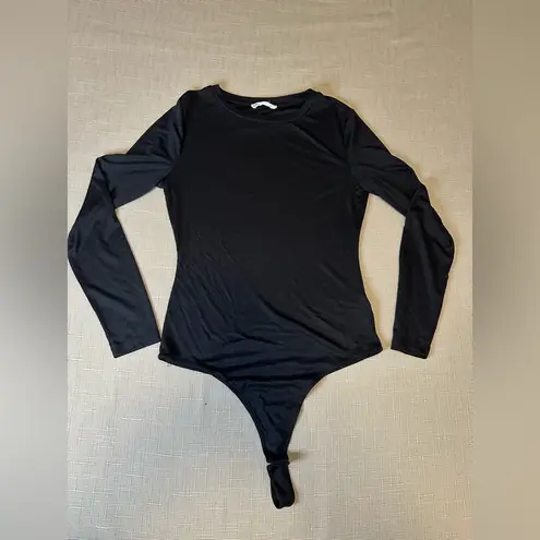 Elodie Women's Black Ribbed Crewneck Long Sleeve Thong Bodysuit SZ L
