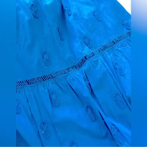 Farm Rio Women’s Classic Blue 3D Pineapple A-Line Midi Skirt W Fringe Size Small