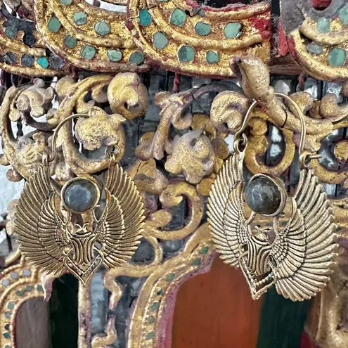 Egyptian Revival Scarab Wing Earrings with Labradorite Gold