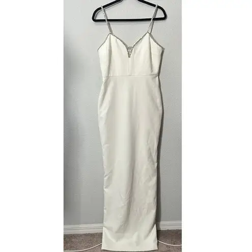 Likely NEW Britta Gown White Silver Straps Back Slit Regular Price $439.00 Sz 10