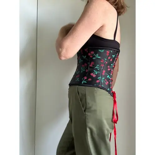 Orchard Corset Cherry Print Waist Corset Size 26 Steel Boning Laceup Under Bust Black