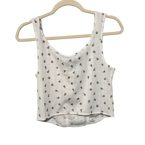 Freshman 1996 Floral Print Corset Tank Top Ribbed Knit White Cute Cottagecore L Size L