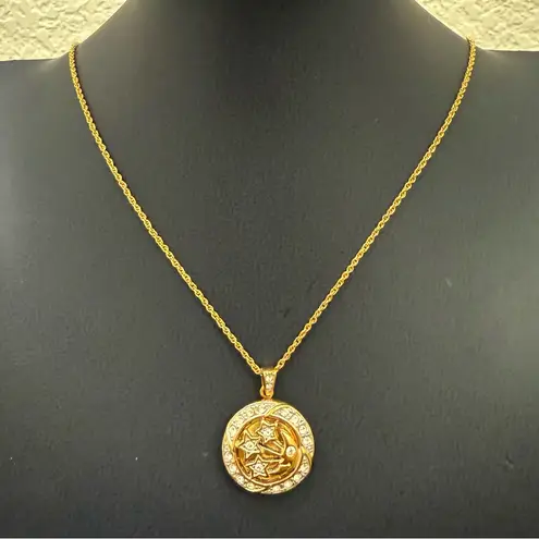 Vintage Unsigned Gold Tone Pave Crystals Moon and Stars Locket Pendant Necklace