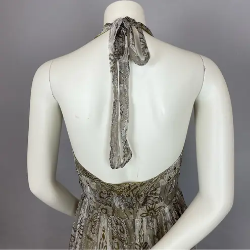 ABS Allen Schwartz A.B.S. Allen Schwartz Silk Dress Halter Deep V-Neck Cut-Out Metallic Thread Sz 8