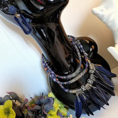 Tribal Boho Blue Feather Statement Necklace Set