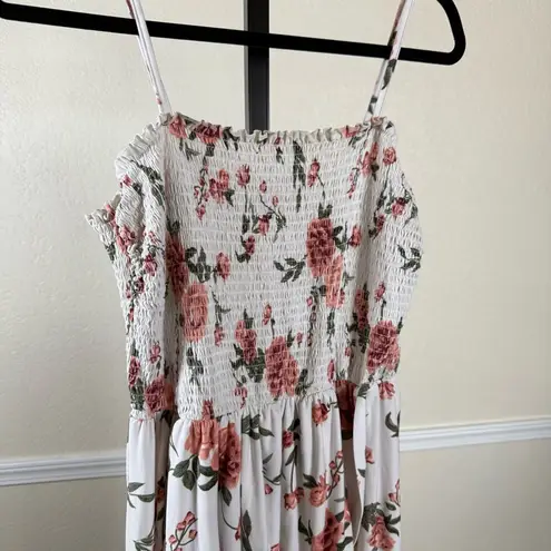 White Pink Floral High Low Maxi Dress Smocked Bust Lightweight Flowy XL Romantic