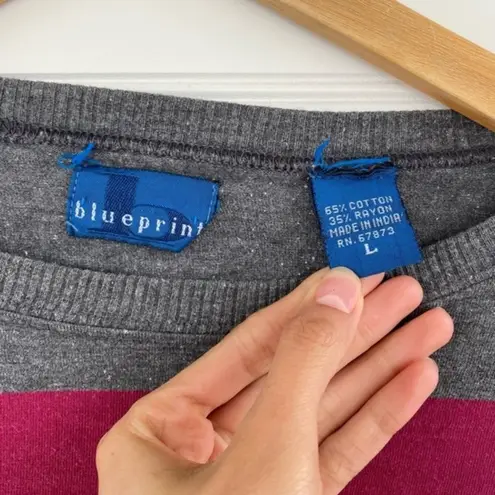 Blue Print Striped Vintage Oversized Cropped Long Sleeve Top Size L Gray Size L