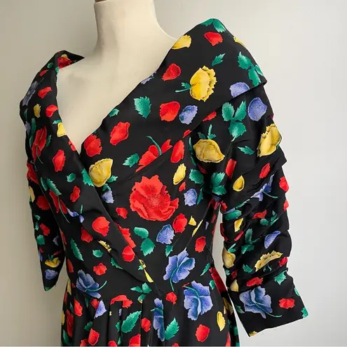 Vintage 80s Arnold Scaasi Boutique Couture Silk Floral Ruched Party Dress 12 Black
