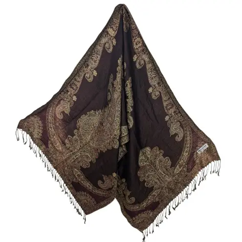 Pashmina  Scarf Shawl Cashmere Silk Paisley Floral Gold Metallic Maroon Reverse