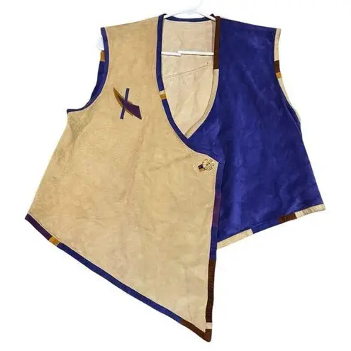 Vintage leather & suede vest high low button closing cream purple size medium