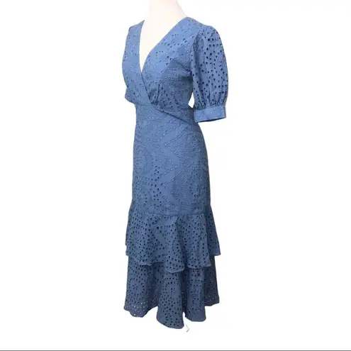 IORANE Laise Lace Midi Dress Blue Eyelet Tiered Ruffle Short Sleeve Dress Small
