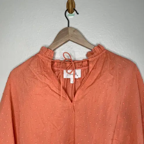 Cleobella Organic Cotton Orange Textured Long Sleeve Tie Neck Tunic Blouse S