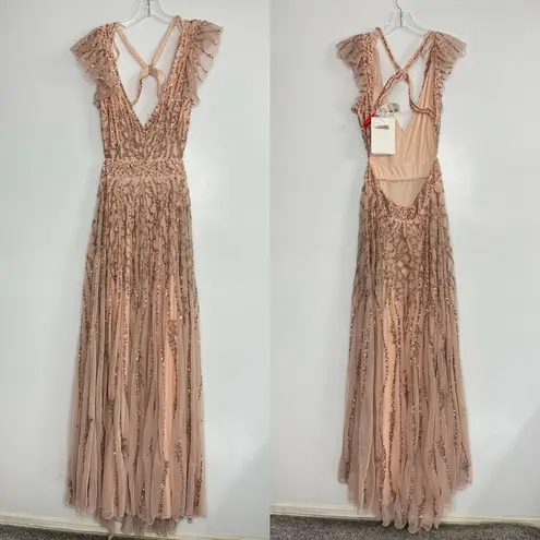 Mac Duggal 5682 Sequined Flutter Cap Sleeve Cut Out A-Line Gown, Apricot, Size 8 - Image 3