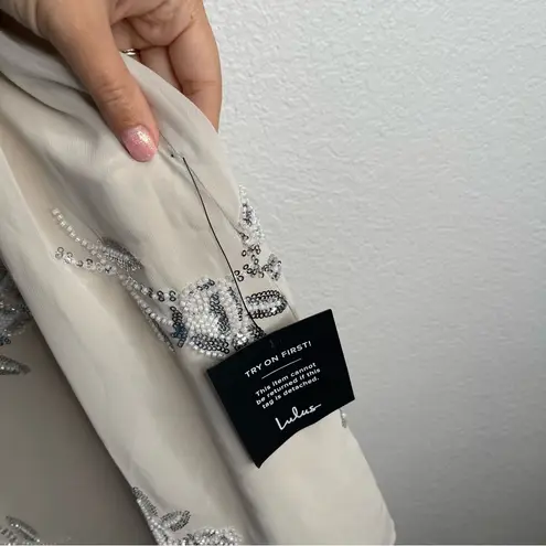 Lulus Elevated Approach Neutral Beaded Sequin Floral Shift Mini Dress Medium