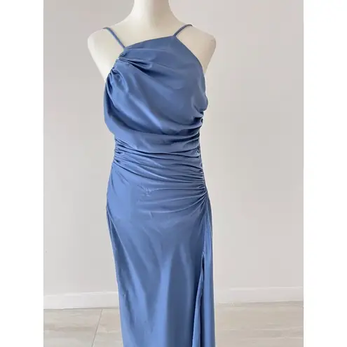 ASTR THE LABEL HALTER NECK SATIN MAXI DRESS IN STEEL BLUE Size Medium