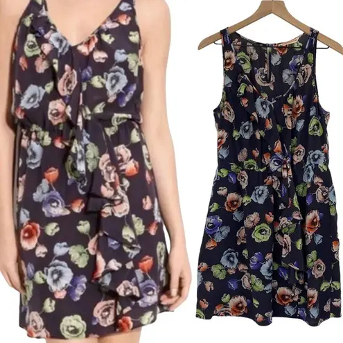 Rebecca Taylor Fit & Flare Dress Silk Sheer Navy Floral Print Sleeveless Women 8
