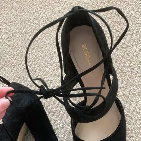 BCBGeneration  Black Block High Heels Ankle Wrap Around Straps Shoes Size 8.5