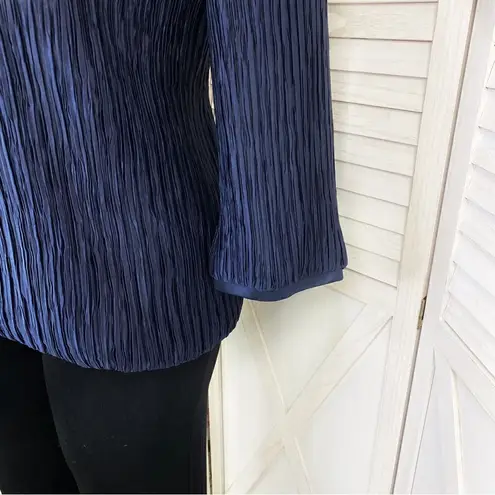 Vintage Pierre Labiche Plisse Satin Scrunch Pleated Puff Sleeve Blouse Blue 16 Blue