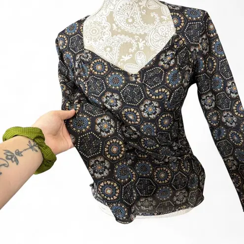 Bandolino Geometric Floral Print Long Sleeve Top β Size M Y2K Retro Top