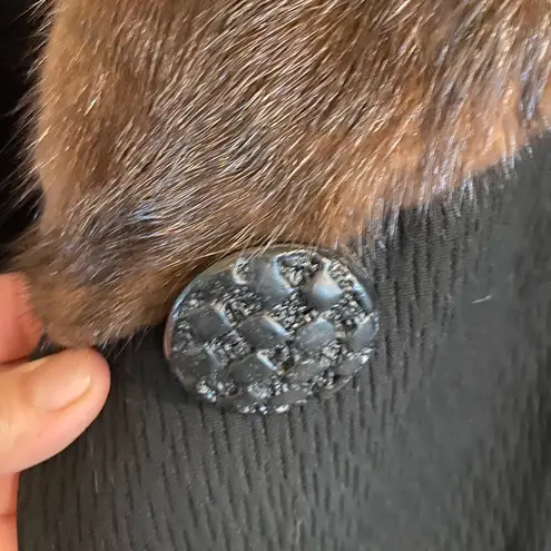 Vintage Forstmann 50's Black Wool Mink Fur Collar Pea Coat Overcoat Mid Century Size L