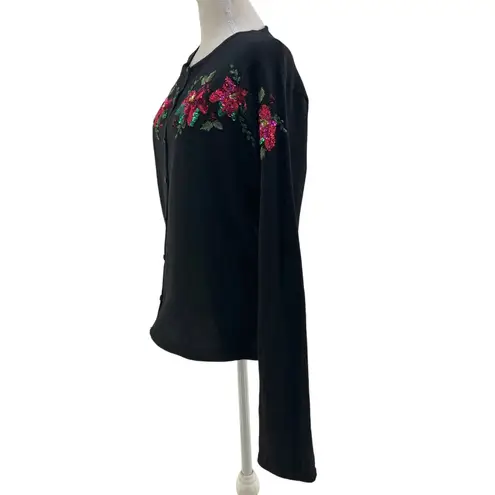 Vintage Cardigan Poinsettia Flower Sequin Embellishment Black Size XL