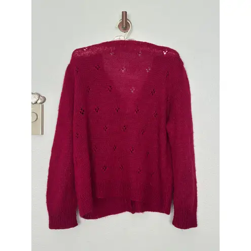 Handmade Gorgeous Knit Berry Red Wool Cardigan Pointelle Fits like Medium