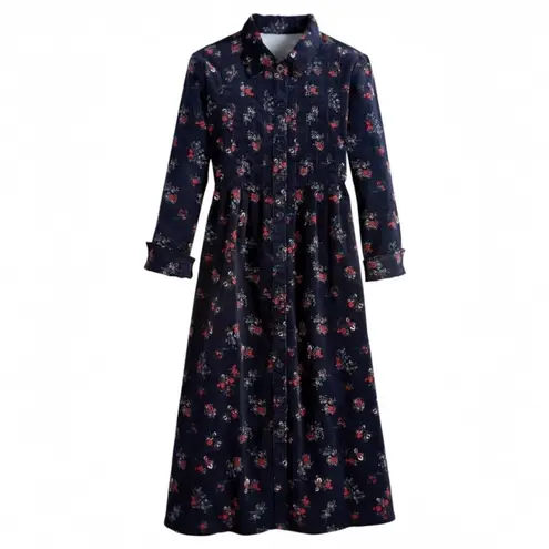 Vermont Country Store Pintuck Cotton Corduroy Dress Navy Blue Floral Size Medium