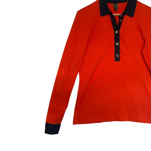 Wonder Long Sleeve Collared Polo Shirt Orange Navy Trim Casual Preppy Sporty M Size M