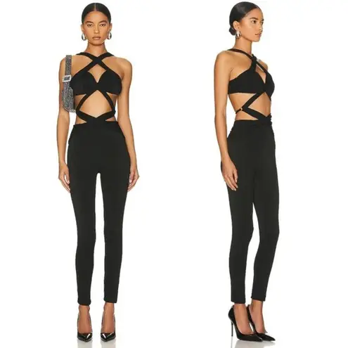 PatBO Lurex Cut Out Jumpsuit Black Strappy Cat Suit Size 4 $595