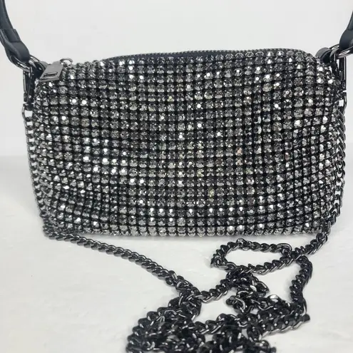 Madison West Rhinestone 2 Way Top Handle Chain Crossbody Purse Bag Silver Black