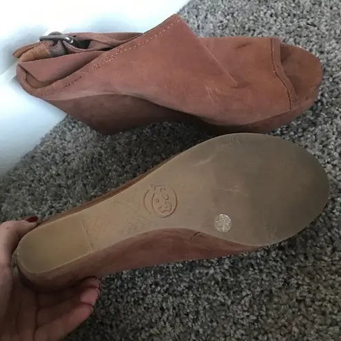 Lucky Brand  Brown Suede Peep Toe Wedge Heels