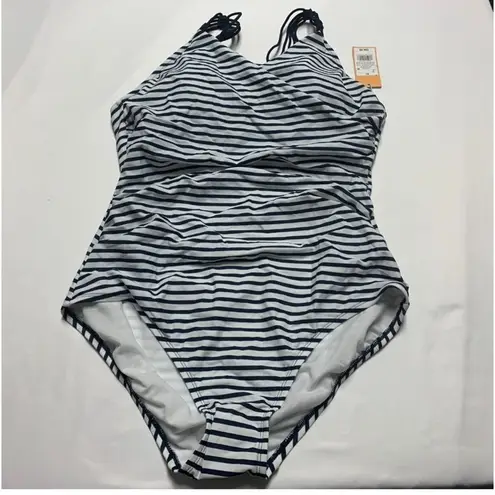 Kona Sol Shirred Macrame Strap Striped One Piece Swimsuit, Blue White XL NWOT