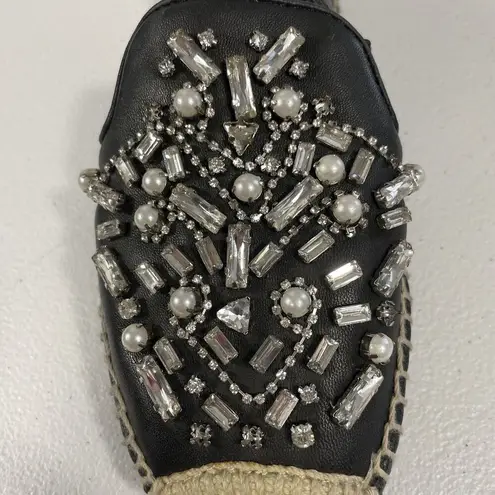 Botkier Black Leather SLOAN Rhinestone embellish Espadrilles Flat Shoes Women 6M