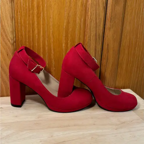 Red Suede leather look chunky heel fashion pumps shoes Mary Jane Size 5.5