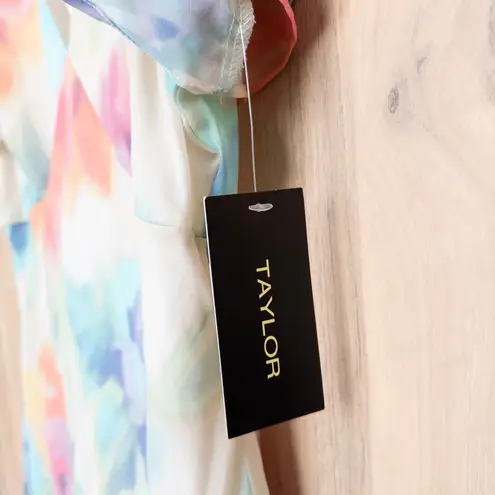 Taylor Womens Watercolor Midi Dress Size 12 Pastel Floral Ruffle Romantic Flowy White