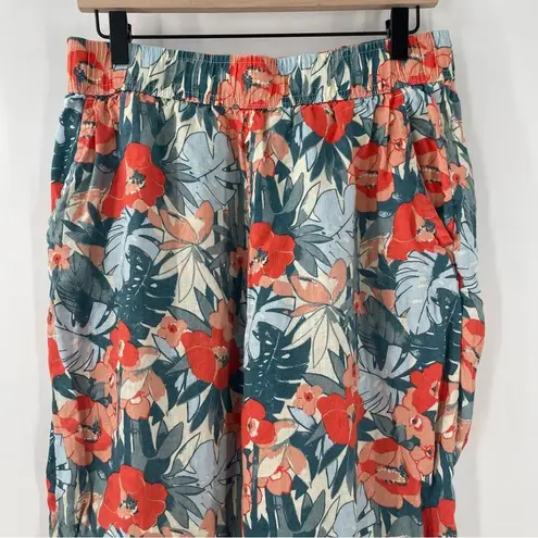 C&C California Pants 100% Linen Large Floral Tropical Wide Leg Elastic Cropped