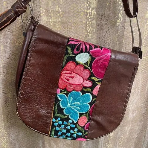 Borssa Brown Colorful Embroidered Floral Mexican Boho Real Leather Small Purse N