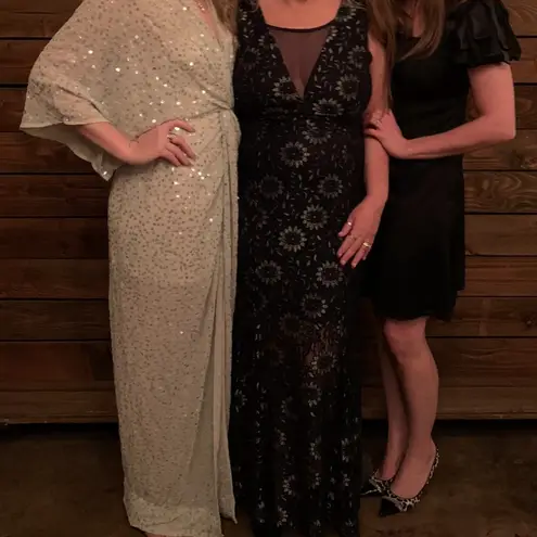 Enfocus Studio Navy and Silver Lace Formal Floor Length Dress