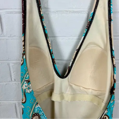 Vintage Turquoise Brown Western Floral One Piece Swimsuit Size 10 Blue