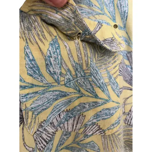 Cathy Daniels Cathy 100% Linen Yellow /blue Tropical Leaf Print Blouse Size XL