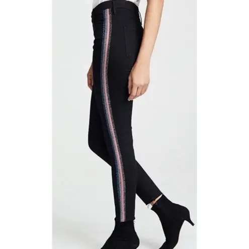 MOTHER High Waisted Looker Ankle Fray in Guilty Glitter Racer Stripe Size 29 Black