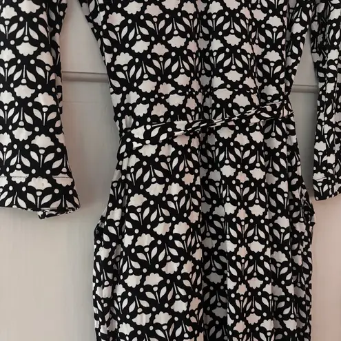 Boden Amy Jersey Midi Dress Black White 3/4 Bell Sleeve Floral Size 6 Belted