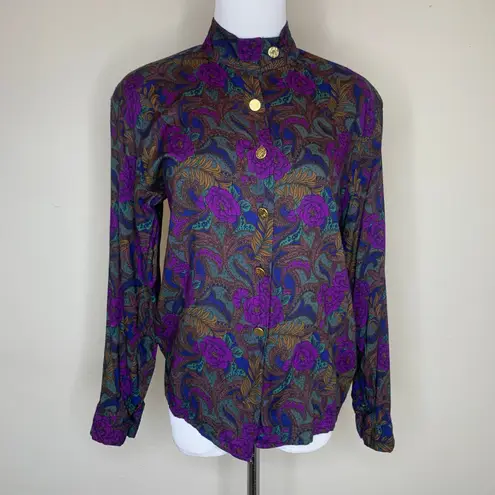 Vintage Dark Floral Brown Purple Blue Blouse Gold Buttons Sz Medium