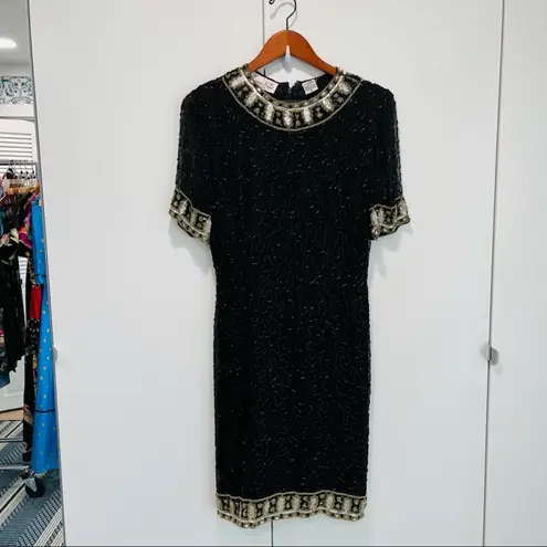 Vintage 80s Silk Beaded Sheath Dress, Formal, Black Tie Cocktail Kazar Blk/Gld Size 6