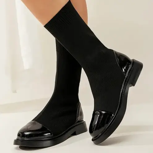 Sock Mid Calf Boots Slim Boots Ankle Boots Flat Shoes Booties Winter Shoes Fabric Boots Black Size 6