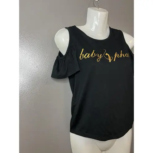 Baby Phat Shirt Womens 14 Black Cold Shoulder Graphic Logo Top Casual Blouse