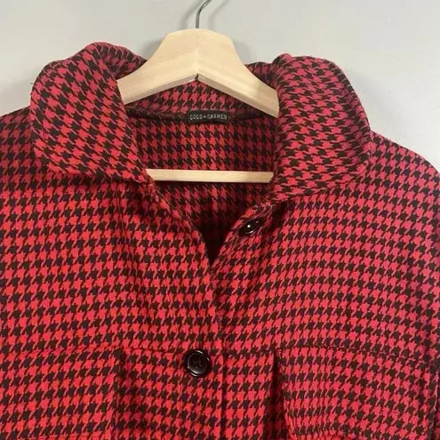 Coco + Carmen Red Houndstooth Shacket Top Fringe Top Size S/M Preppy Classic